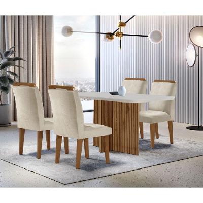 Sala De Jantar Mesa 120cm Mdf Canto Reto Com 4 Cadeiras Athenas Moderna Creme, Off White E Imbuia