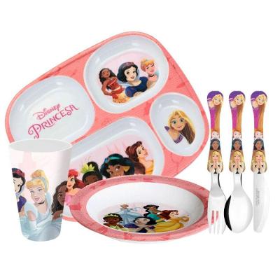 Jogo Refeição Infantil Princesas Disney 6 Peças Prato Divisória, Prato Fundo, Copo E Talheres - Tuut