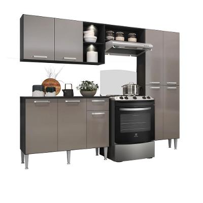 Cozinha Compacta C/ 2 Leds 3 Pçs Pequim Multimóveis V3412 Preta/Lacca Fumê Preto/Lacca Fumê