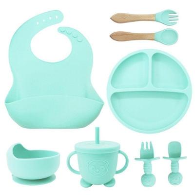 Talheres Bebê Silicone 6 Peças Kit Talheres Infantil Com Ventosa Canudo Colher Babador Garfo Verde