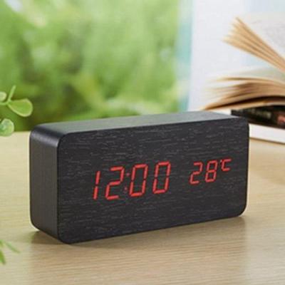 Relogio Despertador Mesa Digital Madeira Com Sound Control Preto