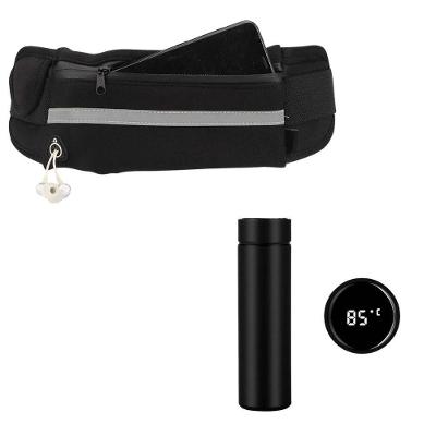 Kit Pochete Esportiva Corrida Treino Academia + Garrafa 500 Ml Térmica De Inox Com Sensor De Temperatura Preto