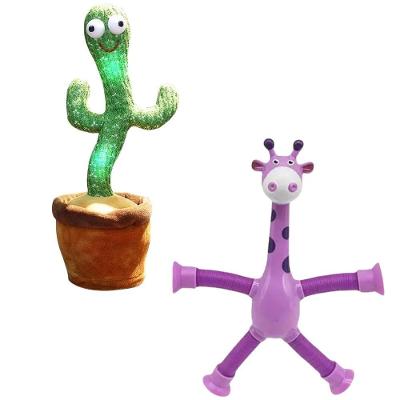 Kit Cacto Dançante Falante Musical Usb + Girafa Pop Tube Led Flexível Educativo Interativo Infantil