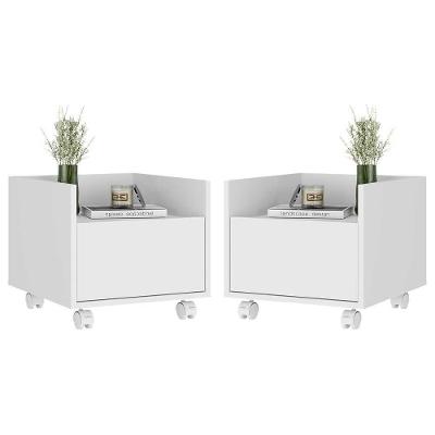 Kit Com 2 Mesas De Cabeceira 40Cm Com Rodízios Multimóveis V4045 Branca Branco