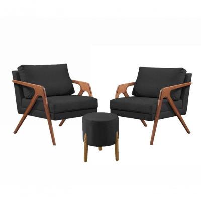Conj. 2 Mona Com 1 Puff Madeira Maciça Veludo Moderna Cor:preto