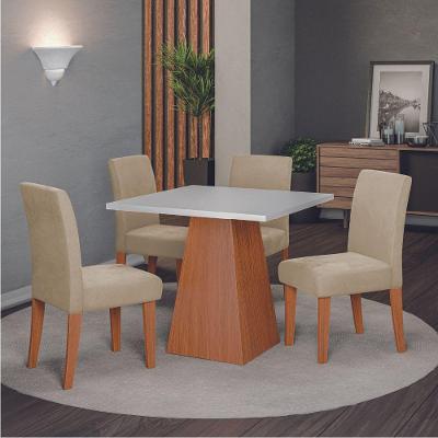 Conjunto Sala De Jantar Mesa Trento Quadrada 4 Cadeiras Trieste Dobuê Madeirado Bege