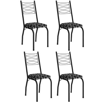 Kit 4 Cadeiras Aço Carbono Tubular Metálica Acabamento D-25 Luana Preto-preto Flor