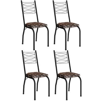 Kit 4 Cadeiras Aço Carbono Tubular Metálica Acabamento D-25 Luana Preto-mosaico Palha