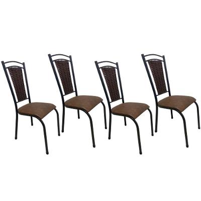 Kit 4 Cadeira Paris De Cozinha Tubular Preto Aço Estofada Encosto Junco Marrom