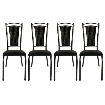 Kit 4 Cadeira Paris De Cozinha Tubular Preto Aço Estofada Encosto Junco Preto