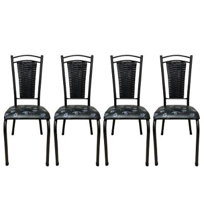 Kit 4 Cadeira Paris De Cozinha Tubular Preto Aço Estofada Encosto Junco Preto Florido