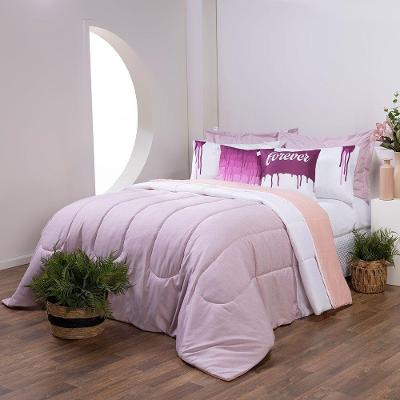 Kit 7 Pçs Edredom Casal King Colorful Linho E Hipercal 400 Fios Rosa