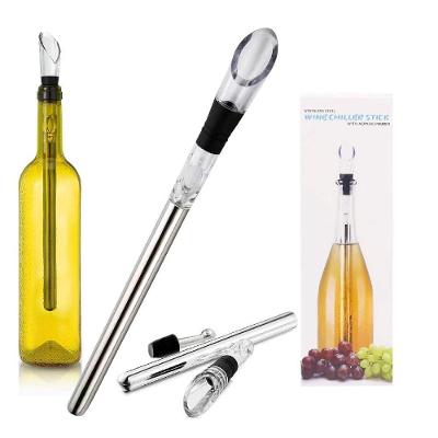 Kit Bastao Resfriador De Vinho E Bico Dosador Aerador Para Garrafa Decantador Em Inox Luxo