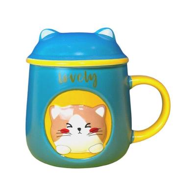 Caneca De Porcelana 3d Gatinho Verde Com Tampa E Colher - Toque Divertido Para Seu Dia A Dia