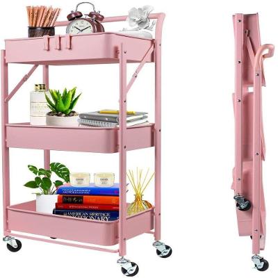 Carrinho Multiuso Organizador Prateleiras Dobrável Aço Rosa