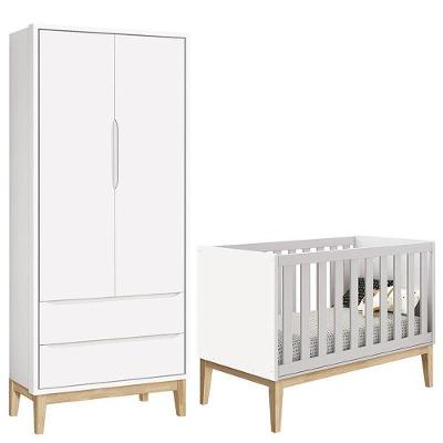 Berço Americano E Guarda Roupa Classic 2 Portas Branco Com Pés Madeira Natural ? Reller