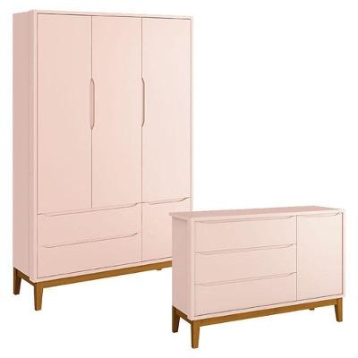 Cômoda Infantil E Guarda Roupa 3 Portas New Classic Rosa Com Pés Madeira ? Reller