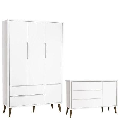 Cômoda Infantil Com Porta E Guarda Roupa 3 Portas Theo Branco Acetinado Com Pés Amadeirado ? Reller