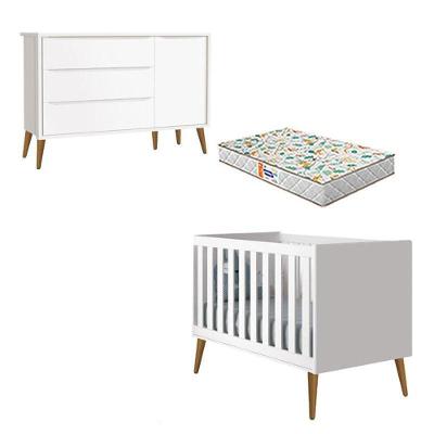 Berço Americano E Cômoda Infantil 1 Porta Theo Branco Pés Amadeirados Com Colchão Gazin ? Reller