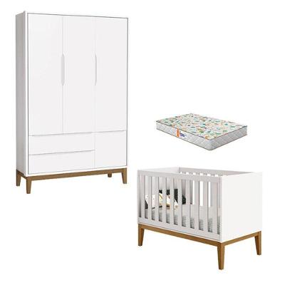 Berço Americano E Guarda Roupa 3 Portas New Classic Branco Com Pés Madeira E Colchão Gazin ? Reller