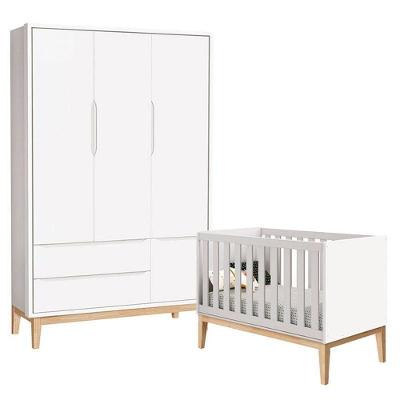 Berço Americano E Guarda Roupa Classic 3 Portas Branco Com Pés Madeira Natural ? Reller
