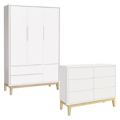 Cômoda 6 Gavetas E Guarda Roupa 3 Portas New Classic Branco Com Pés Madeira Natural ? Reller