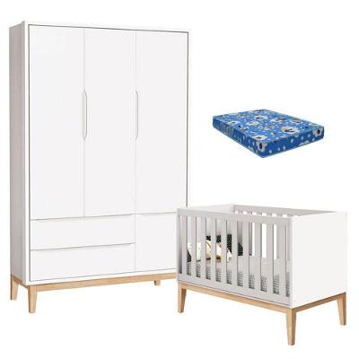 Berço Americano Com Colchão E Guarda Roupa Classic 3 Portas Branco Pés Madeira Natural ? Reller
