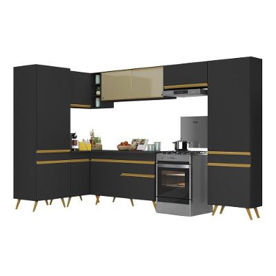 Armário De Cozinha Completa De Canto Veneza Multimóveis V2055 Preto/dourado Preto/dourado