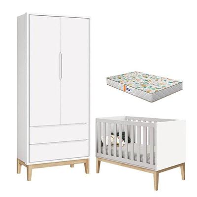 Berço Americano E Guarda Roupa 2 Portas New Classic Branco Com Pés Madeira Natural E Colchão Gazin ? Reller
