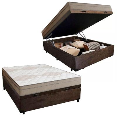 Cama Box Baú Casal Suede + Colchão De Molas Ensacadas Portobel Ipanema -  138x188x66cm Marrom