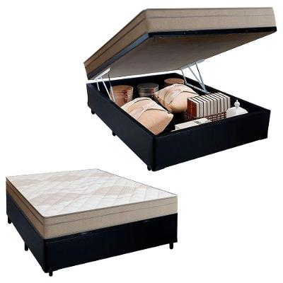Cama Box Baú Casal Sintético + Colchão De Molas Ensacadas Portobel Ipanema - 138x188x66cm Preto