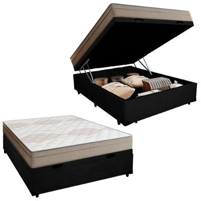 Cama Box Baú Casal Suede + Colchão De Molas Ensacadas Portobel Ipanema -  138x188x66cm Preto