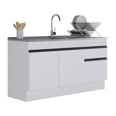 Balcão Cozinha Gabinete Pia 150cm Com Rodapé 3 Portas 1 Gaveta Veneza Multimóveis V2115 Branco/preto Branco/preto