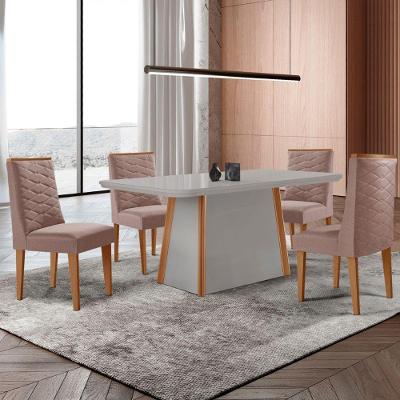 Mesa De Jantar Diane 120cm Tampo Mdf Vidro 4 Cadeiras Safira Moderna Linho Capuccino Off White Naturale Serigrafia Com Vidro