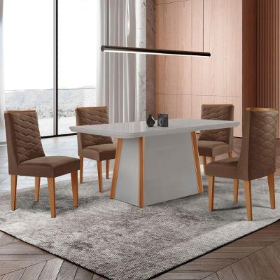 Mesa De Jantar Diane 120cm Tampo Mdf Vidro 4 Cadeiras Safira Moderna Veludo Marrom Off White Naturale Serigrafia Com Vidro