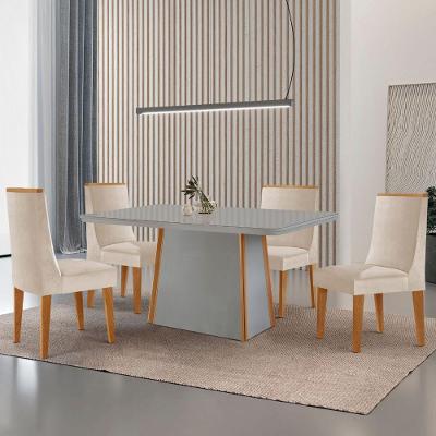 Mesa De Jantar Diane 120cm Tampo Mdf Vidro 4 Cadeiras Lisboa Moderna Veludo Creme Off White Naturale Serigrafia