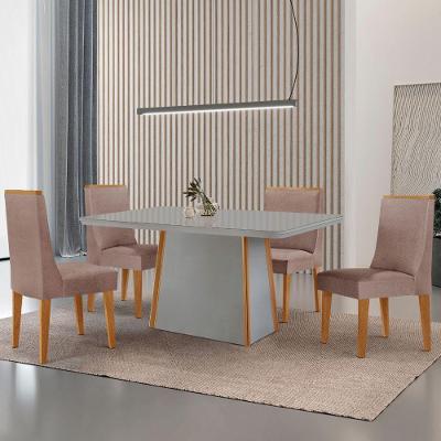 Mesa De Jantar Diane 120cm Tampo Mdf Vidro 4 Cadeiras Lisboa Moderna Linho Capuccino Off White Naturale Serigrafia