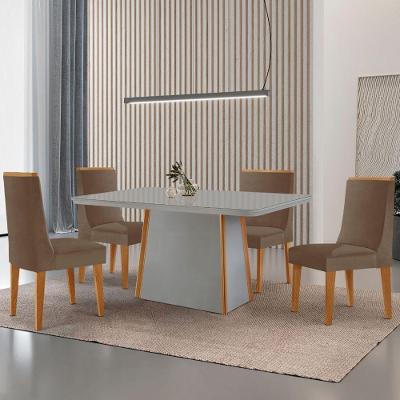 Mesa De Jantar Diane 120cm Tampo Mdf Vidro 4 Cadeiras Lisboa Moderna Veludo Capuccino Off White Naturale Serigrafia