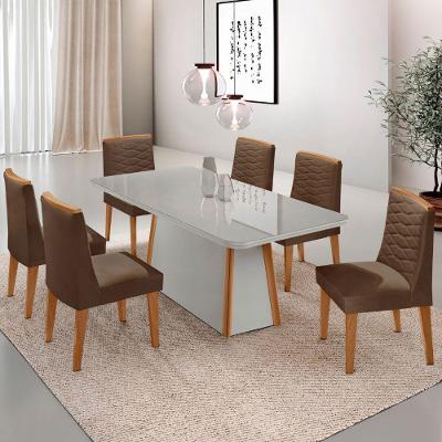 Mesa De Jantar Diane 180cm Mdf Vidro Com 6 Cadeiras Moderna Veludo Marrom Off White Naturale Serigrafia