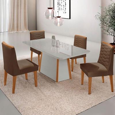 Mesa De Jantar Diane 120cm Tampo Mdf Vidro Cadeiras Eloise Moderna Veludo Marrom Off White Naturale Serigrafia