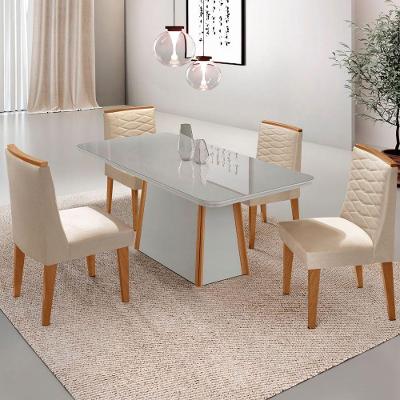 Mesa De Jantar Diane 120cm Tampo Mdf Vidro Cadeiras Eloise Moderna Veludo Creme Off White Naturale Serigrafia