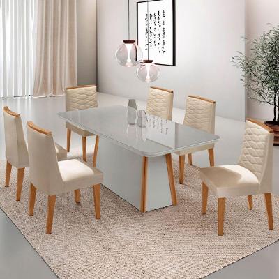 Mesa De Jantar Diane 180cm Mdf Vidro Com 6 Cadeiras Moderna Veludo Creme Off White Naturale Serigrafia