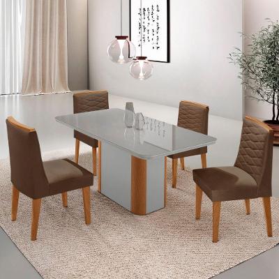 Mesa De Jantar Isadora 120cm Tampo Mdf Vidro Com 4 Cadeiras Veludo Marrom Naturale Serigrafia Off White