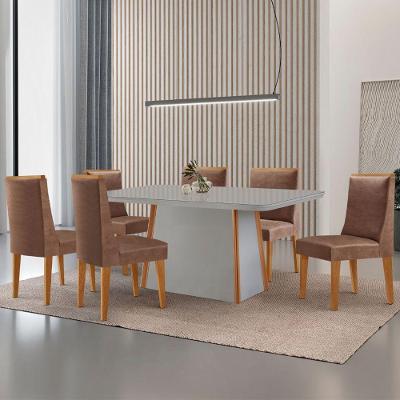 Mesa De Jantar Diane 180cm Tampo Mdf Vidro 6 Cadeiras Lisboa Moderna Tork Naturale Serigrafia Off White