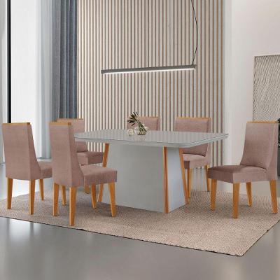 Mesa De Jantar Diane 180cm Tampo Mdf Vidro 6 Cadeiras Lisboa Moderna Linho Capuccino Off White Naturale Serigrafia