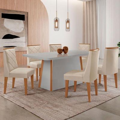 Mesa De Jantar Diane 180cm Tampo Mdf Vidro 6 Cadeiras Isadora Moderna Veludo Creme Off White Naturale Serigrafia