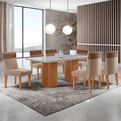 Mesa De Jantar Eloise 180cm Tampo Mdf Vidro 6 Cad. Moderna Linho Capuccino Tork Naturale