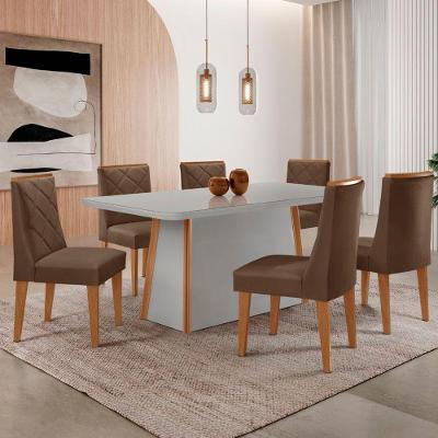 Mesa De Jantar Diane 180cm Tampo Mdf Vidro 6 Cadeiras Isadora Moderna Veludo Marrom Off White Naturale Serigrafia