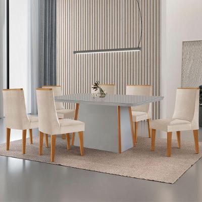 Mesa De Jantar Diane 180cm Tampo Mdf Vidro 6 Cadeiras Lisboa Moderna Veludo Creme Off White Naturale Serigrafia