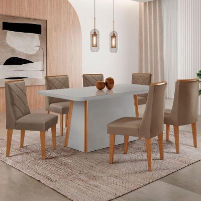 Mesa De Jantar Diane 180cm Tampo Mdf Vidro 6 Cadeiras Isadora Moderna Veludo Capuccino Off White Naturale Serigrafia